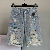 Summer Heavy Industry Diamond Studded Beads High Waist Denim Shorts Female XXXL mėlyna