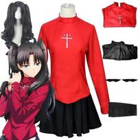 Anime Fate Stay Night Tohsaka Rin Cosplay Uniform Lovely Red Top Skirt Skirt with Wigs Halloween Carnival Party Costumes L-(Costume+Wig)