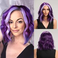 Violetiniai trumpi Bob Wave sintetiniai perukai su kirpčiukais moterims Cosplay Ombre Šviesiai violetiniai kasdieniai Cosplay vakarėliui karščiui atsparūs plaukai