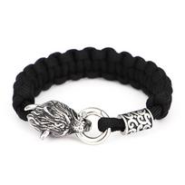 Norse Mythology Viking Stainless Steel Titanium Steel Wolf Head Umbrella Rope Handmade Bracelet Men's Jewelry Black 23cm