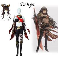 Dehya Cosplay Costume Wig Full Set Halloween Carnival Samurai Costume Wig Red XXXL-(Full set+wig)