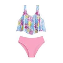 Raukšlėtas Flora Paauglių Mergaičių Bikini Komplektas Iš Dviejų Dalių rožinis ir mėlynas vaikiškas maudymosi kostiumėlis mergaitėms maudymosi kostiumėliai 5-14 metų 5-6 years old rožinė