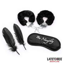 LateToBed BDSM Line 3 Pieces Set Mask, Handcuffs and Feathers Black