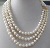 Triple strands 8-9mm Real Australian south sea white pearl necklace 17-19