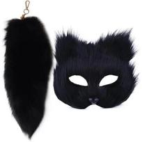 „Therian“ kaukės ir uodegos rinkinys mergaitėms, pūkuota kaukė „Long Fox Tail Cosplay“ kaukė „Wolf Tail Cat“ kaukės Helovino karnavalui juoda