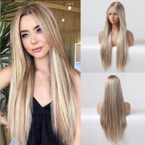 Long Silky Straight T Part Lace Wig Light Brown Blonde Highlight Wigs with Baby Hair High Density Heat Resistant Synthetic Wig
