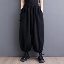 Black cotton Plus size Vintage high Waist Casual loose Summer wide leg Pants Women Trousers