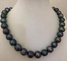 Stunning 9-10mm tahitian baroque black green pearl necklace 18