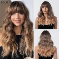 LOUIS FERRE Vidutinio ilgio banguoti sintetiniai perukai su kirpčiukais Ombre Brown Blonde Natural Wave plaukų perukai moterims, kasdienio naudojimo pluošto perukai