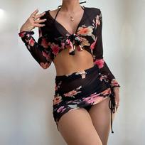 Maudymosi kostiumėlis Moteriškas Dalinis Trijų Keturų Dalių Rinkinys Su Raštais Suraukiamas Suvarstomas Ilgomis Rankovėmis Gėlėtas Bikini S juoda