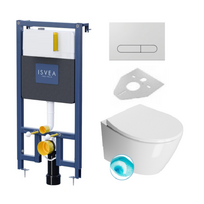 ISVEA DUREZZA potinkinis rėmas su blizgios baltos spalvos SOTTI mygtuku ir GSI Modo pakabinamas klozetas su SWIRLFLUSH® nuplovimo sistema