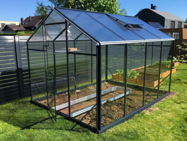 Šiltnamis Gampre Sanus Hybrid L (plotis 2,2 m) sienos 4 mm stiklas, stogas 6 mm polikarbonatas 5 m juodas