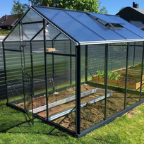 Šiltnamis Gampre Sanus Hybrid XL (plotis 2,9 m) sienos 4 mm stiklas, stogas 6 mm polikarbonatas 4,30 m juodas
