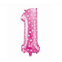 Folinis balionas su heliu, skaičius 1 - 80cm, rožinis su širdelėmis