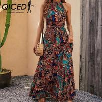QICED Spring and Autumn Women's Print Retro Neck Bohemian Dress Women XXL abrikosas