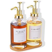 Kavos sirupo dozatorius kavos barui, 16,9 uncijos kavos sirupo pompinis dozatorius, stiklinis sirupo butelis su etiketėmis ir bambukiniu padėklu 500ml, Set of 2 auksas