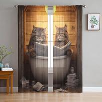 Kitty Newspaper Light Bathtub Cat Window Curtains For Living Room Bedroom Kitchen Chiffon Sheer Window Treatment 135W x 137H(cm) black