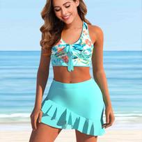 Moteriški maudymosi kostiumėliai Tankini 2 dalių maudymosi kostiumėlis, mėlynas lapelis, gėlėtas kryžminės liemenės spausdinti atostogų maudymosi kostiumėliai S mėlyna
