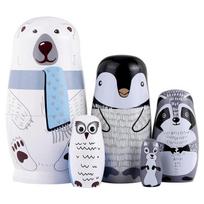 5 vnt. lizdinės lėlės, mielas meškiukas, rankų darbo, medinės, sukrautos lizdinės lėlės Matryoshka lėlės vaikams gimtadienio proga, palinkėjimas, baltas meškiukas Package size:16x8x8cm