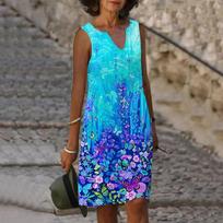 Women V Neck Summer Blue Butterfly Flower Print Dress Casual Sleeveless Fashion Casual Loose Sexy Dresses Plus Size XS-8XL 6XL mėlyna