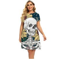 Slim Women's Dress Short Sleeve Skull Digital 3D Print Fashion V-Neck Women Clothes Summer Sexy Solid Color Casual A-line Dress 5XL