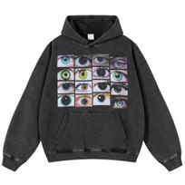 „Streetwear Eyes“ grafinis unisex megztinis su ilgomis rankovėmis – juodas, per didelis, unisex stiliaus džemperis su gobtuvu. S juoda