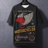 Retro vyriški marškinėliai su motociklo spauda Vasariniai gatvės marškinėliai Apvalia kaklo megztinis Vyriškas viršutinis drabužis Laisvas kasdienis vyriškas per didelis drabužis S