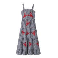 Vasaros moteriška suknelė su vėžio siuvinėjimu, be rankovių, languota, kvadratine iškirpte, A formos, laisvu apvadu, patchwork, kvėpuojanti, minkšta, atostogų, paplūdimio, midi suknelė L juoda