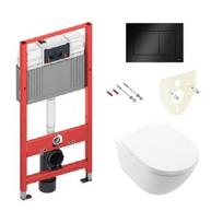 Potinkinis TeceBase rėmas su Juodu matiniu mygtuku ir Villeroy & Boch Subway 3.0 TwistFlush pakabinamas wc su lėtaeigiu plonu dangčiu