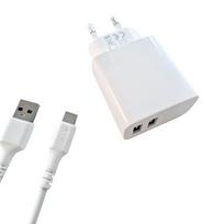 Gear 220V Charger, 2xUSB-A 3.4A, White, with 1m USB-C 2.0 Cable
