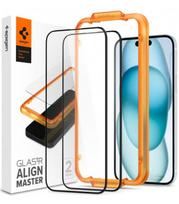 Juodas apsauginis grūdintas stiklas Apple iPhone 15 telefonui "Spigen AlignMaster Glas tR 2-Pack"