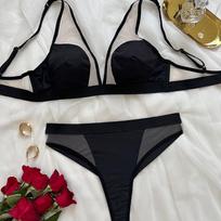 Klasikinis juodas moteriškas apatinio trikotažo komplektas Sexy Mesh Splice Liemenėlės rinkinys French Deep V Minkštas, kvėpuojantis aukštos kokybės apatinis trikotažas ir dirželiai S juoda