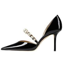 New Fashion Black Shoes Patent Leather Pearl French Pointed Toe High Heels Women 'S Stiletto 39