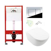 TECEbase klozeto rėmas su chromo spalvos vandens nuleidimo plokštele ir Villeroy & Boch Subway 3.0 TwistFlush pakabinamas wc su lėtaeigiu dangčiu