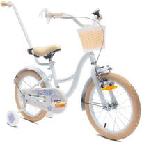 FLOWER BIKE Dviratis mergaitei 16 colių, stūmimo strypas, šoniniai ratai, krepšys kūdikių mėlyna spalvos