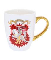Porcelianinis puodelis Lietuva, Vytis, auksine rankena, 360 ml, supakuotas baltoje dėžutėje.