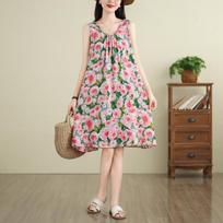 Sleeveless Plus size cotton vintage floral new in dresses for women casual Midi loose summer dress M