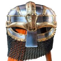Vikingų grandinės šarvų šalmas - Vendal stiliaus, SCA LARP rankomis kalto plieno ir žalvario šarvai su grandinės šarvų detalėmis