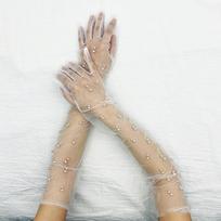 Ypač ilgos nėriniuotos perlų šifono pirštinės iš tiulio, vasarinės tinklelio, apsaugančios nuo UV spindulių, vakarėlio vestuvės, be pirštų, santuoka, nuotaka, moterys, derliaus vakarėlio pirštinės
