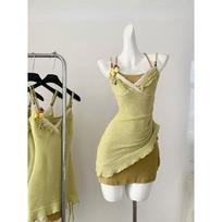 Vasarinis Kotedžo Stilius Gyaru Mini Dviejų Dalių Rinkinys Suknelė Moterims Mori Mergaitė 2000-ųjų Estetika Vintage Petnešėlės Suknelės Viengubos Naujas S žalia