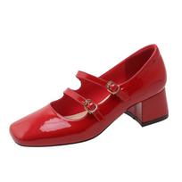 „Hepburn“ batai „Mary Jane“ batai maži raudoni batai vestuviniai batai seklios burnos su sagtimi Retro seklios burnos vidutinio kulno storu kulnu viengubi batai moterims 34 raudona