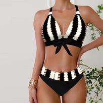 Moteriški maudymosi kostiumėliai Tankini 2 dalių maudymosi kostiumėlis juodos ir baltos lenktos juostelės spausdinti atostogų maudymosi kostiumėliai S balta