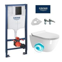 Grohe potinkinis wc rėmas su Phantom Black spalvos mygtuku ir GSI Pura pakabinamas klozetas su SWIRLFLUSH® nuplovimo sistema