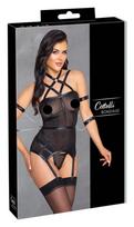 Cottelli Bondage - diržinė liemenėlė, rankų antrankiai ir stringai (juoda)