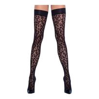 Cottelli Legwear - raštuotos kojinės su nėriniais - juodos, leopardinis raštas