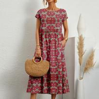 Nauja Mada Laisva Medvilnės Lino Suknelė Moterims Trumpomis Rankovėmis Apvalia Kaklo Išspausdinta Vasarinė Suknelė Moterims Elegantiškos Vintage Laisvalaikio Suknelės Lady 24195 S raudona