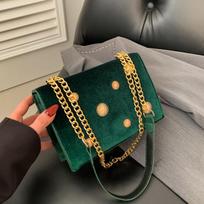 Women's Dark Green Velvet Crossbody Bag, Sunburst Stud Square Shoulder Bag with Gold Chain Strap pilka