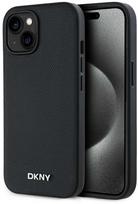 DKNY PU Leather Sidabrinis Metal Logo Magsafe dėklas telefonui Apple iPhone 15 juodos spalvos