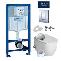 Grohe Rapid SL klozeto rėmo komplektas su chromo mygtuku ir pakabinamas klozetas  ISVEA Sentimenti Rimless su bidė funkcija