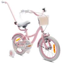 FLOWER BIKE Dviratis mergaitei 14 colių, stūmimo strypas, šoniniai ratai, krepšys rožinės spalvos, FLOWER BIKE Dviratis mergaitei 14 colių, stūmimo strypas, šoniniai ratai, krepšys rožinės spalvos